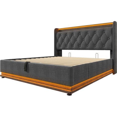Letto contenitore 140 x 190 cm grigio in lino con LED 360°, testiera trapuntata e USB-C (1/5)