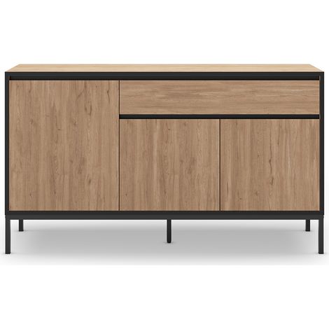 Meuble TV, Meuble de salon avec 3 portes et 1 tiroir aspect bois coloris naturel et pieds en métal noir - Longueur 140 x Profondeur 40 x Hauteur 80 cm (1/4)