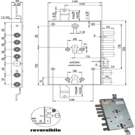 Serratura di Sicurezza Triplice Cilindro E73 6654/281 per Porta Blindata Moia con Doppio Cilindro Indipendente