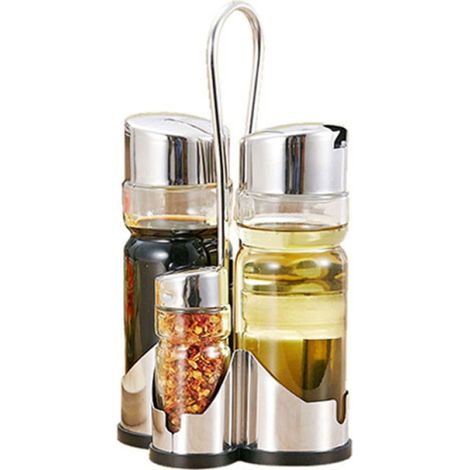 Gewürzglas-Set, 4-in-1-Gewürzbehälter, Öl- und Essigspender, Glaskaraffen, Ständer, Edelstahldeckel