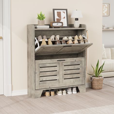 Shoe Cabinet - Flip Door - Grey, 2 Layers, Particleboard - for Entryway, Hallway, Closet (1/5)