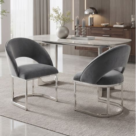 2 chaises de salle à manger en velours gris et pieds métalliques argentés, 150 kg par chaise HAVRYA (1/5)