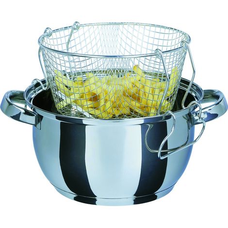 Friteuse avec passoire à Frire et Couvercle en Verre moulé 3 L, Acier Inoxydable, Argent, 22 cm, 3 unités (1/4)