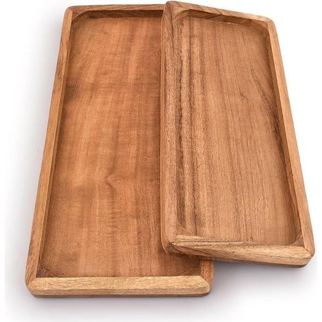 2 plateaux rectangulaires en bois d'acacia, bords relevés, présentation élégante, service buffet et apéf, usage intérieur