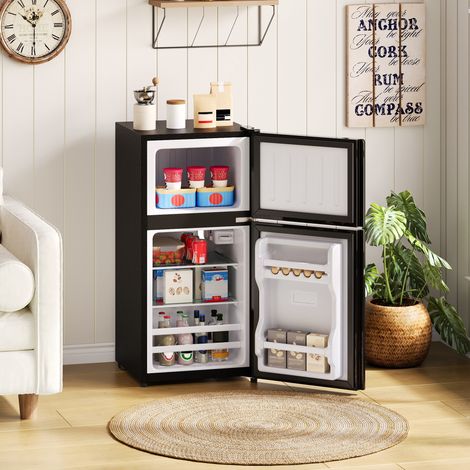 REDOM Réfrigérateur mini 42.5x44.5x87.5 cm, compartiment congélateur 22 L, porte en verre, éclairage LED, acier inoxydable noir