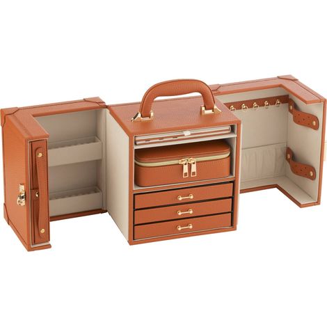 Coffret à bijoux en bois marron poignée cuir élégant - Marron cognac et beige doré (1/2)