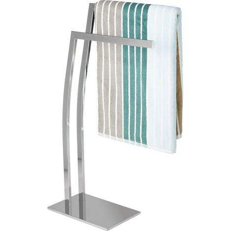 Relaxdays Handtuchhalter WIMEDO, HxBxT:80x32x20cm, freistehend, 2 Stangen, eckiger Standfuß, Edelstahl, silber