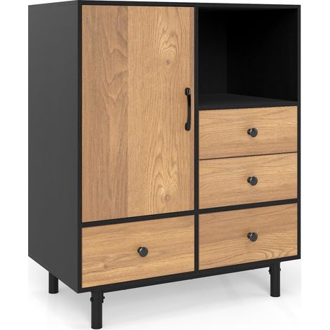 GOPLUS Buffet Meuble de Rangement, Style Moderne avec 4 Tiroir et Compartiment Ouvert, Meuble d'Appoint Autonome Multifonctionnel avec Pieds Métalliques Surélevé Robuste pour Salon, Couloir (Noir) (1/5)