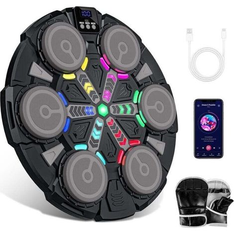 Machine de boxe musicale, nouvelle machine de boxe murale musicale, avec gants de boxe, connexion Bluetooth, lumières LED colorées, plusieurs modes d'entraînement