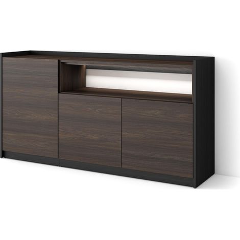 Skraut Home - Credenza, Mobile, Cucina, Madia, mobile ingresso, 156x37x80cm, 3 Porte, LED, Stile moderno, Rovere scuro e Nero (1/5)