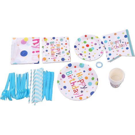 Lot vaisselle de fête 106 pièces : assiettes papier 7 et 9 pouces, gobelets papier, serviettes papier, nappe, bannière, pailles bleues, couteaux, fourchettes, cuillères (1/5)