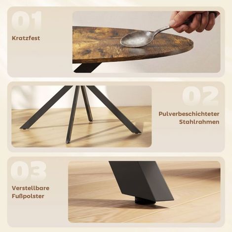Table de Cuisine style industriel forme ronde 4 places pieds en acier brun rustique (1/3)