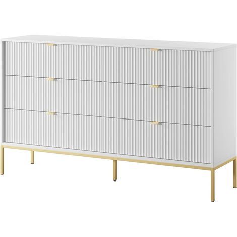 Cassettiera: 6 cassetti, Bianco, gambe dorate, 154 x 39 x 83 cm, maniglie dorate (1/5)