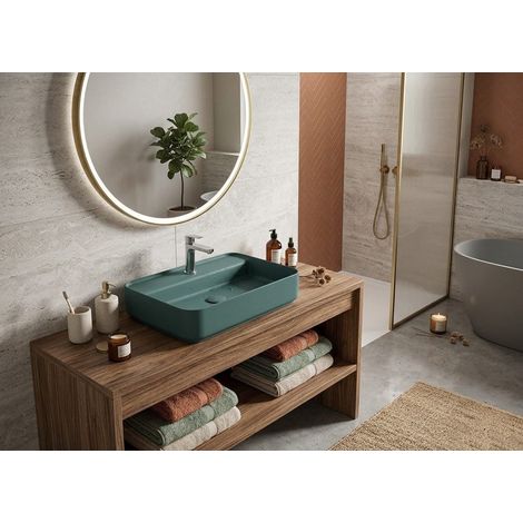 Lavabo rettangolare da appoggio senza troppo pieno in ceramica con foro rubinetto - Verde Petrolio Opaco