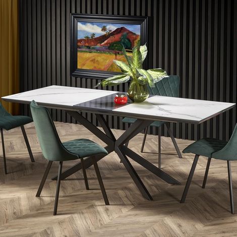 Table salle à manger extensible avec plateau aspect marbre et pied central en métal noir ODUNA (1/5)