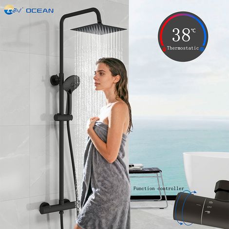 Kit doccia con soffione quadrato, doccetta e miscelatore termostatico rotondi, colonna doccia regolabile 75-125cm, nero