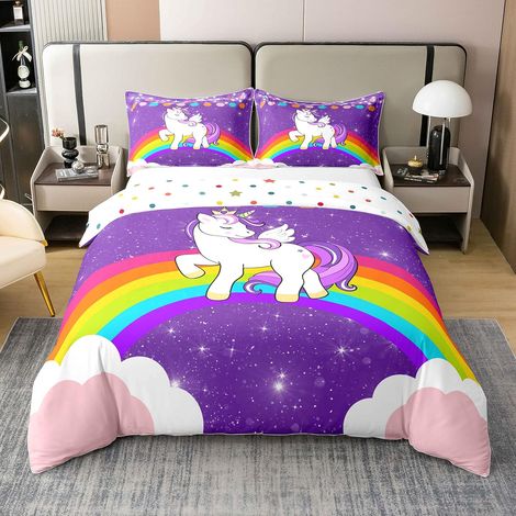 Housse de Couette 220x240 Licorne en Coton, Ensemble de Literie Arc-en-Ciel pour Filles, Parure de Lit Pailletée Licorne Mauve, Housse Couette Réversible Galaxy Kawaii Enfants (1/5)
