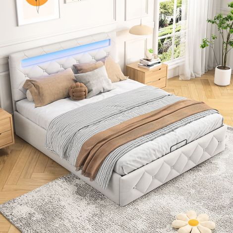 Lit adulte 140x190 cm, lit coffre avec éclairage LED, Sommier en bois, Cadre en métal, Lit rembourré en velours - Beige