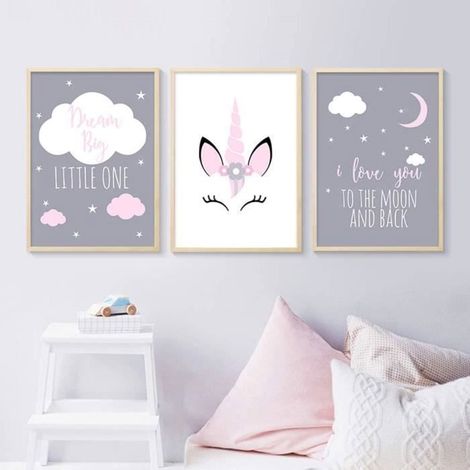 3 Affiches 30x40 Enfant Tableaux Deco Murale Chambre Bebe Animaux Licorne Citations Nuage Posters Peinture sur Toile Decoration (1/4)