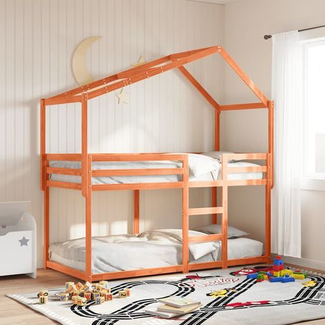 Toit de lit enfant en pin massif avec porte latérale, cire marron, 203 x 95,5 x 142 cm - PANGIVO (1/5)