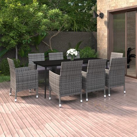 9-tlg. Garten-Essgruppe mit Kissen Poly Rattan und Glas (1/5)