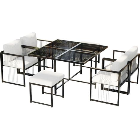 Set de comedor de exterior de 7 piezas en hierro y vidrio templado para 6 personas (1/5)