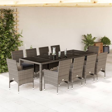 Set comedor jardín 11 pzas cojines ratán sintético vidrio gris vidaXL (1/5)