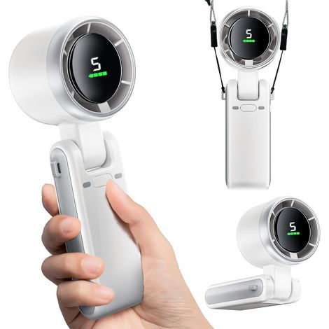 Ventilateur portable pliable à main avec charge rapide TYPE-C, 5 vitesses, cordon, ventilateur suspendu au cou, blanc