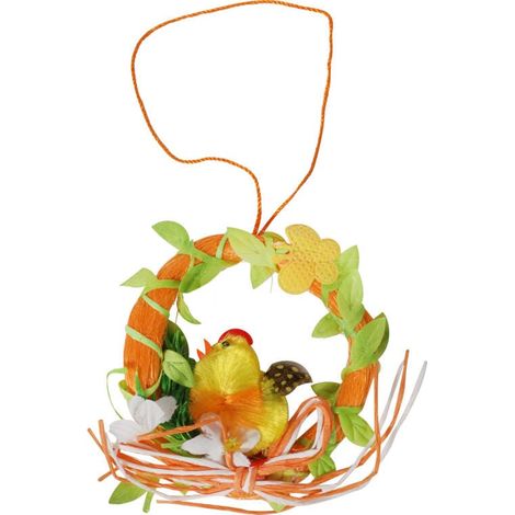 Colgante de corona de Pascua naranja con adornos de gallina y fieltro.