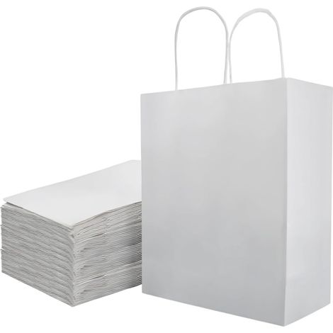 Packung mit 50 weißen Papiertüten mit Henkel – Kraftpapiertüten – Geschenktüten – Kraftpapiertüten mit Kordelzug für Geburtstage, Hochzeiten, Weihnachten und Partys – 21 x 11 x 27 cm (1/5)