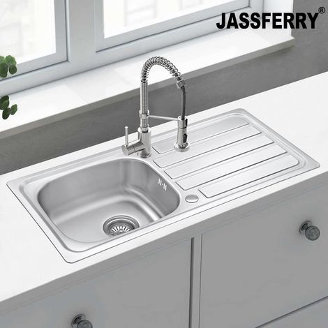 JASSFERRY Stainless Steel Kitchen Sink Single 1 One Bowl Reversible with Waste Pipes Clips, 930 x 430 mm