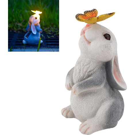 Figura de conejo de jardín hecha de resina, luz blanca cálida (600 mAh), con mariposa solar y luces de colores para patio, césped y jardín. (1/5)