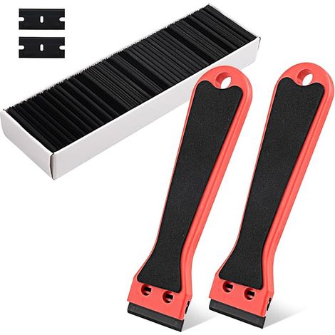 Plastic Scrapers with 100 Blades Scraper Spatula with Long Handle Ideal for Window Scraper Removing Stickers Adhesive Residues and Labels Multipurpose Scraper Red (1/5)