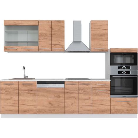 Cuisine Fame-Line, Chêne doré/blanc, 300 cm avec armoire haute, PT Marbre, Vicco