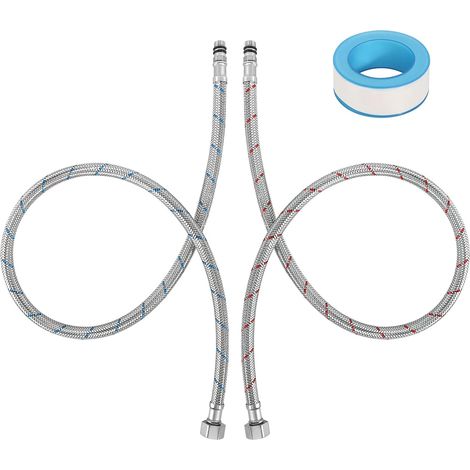 2 Stück flexible Verbindungsschläuche G3/8 x M10, geflochtener Edelstahl, 80 cm, mit Dichtungsband für Mischbatterien
