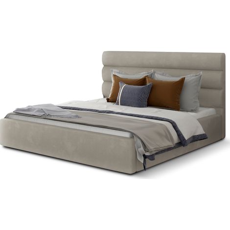 Lit double avec sommier Klarina - Velours rembourré-Beige-180x200 (1/5)