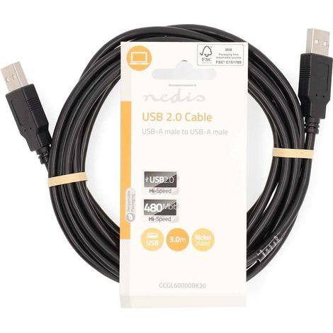 Nedis USB-Kabel / USB 2.0 / USB-A Stecker / USB-A Stecker / 18 W / 480 Mbps / Vernickelt / 3.00 m / Rund / PVC / Schwarz / Label