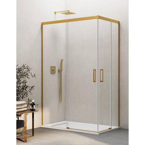 BASIC corner entry shower enclosure with two sliding doors and two fixed panels, 70x70 cm, clear glass, gold finish (1/5)