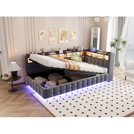 Sofá cama tapizado 90x200 cm con somier de láminas almacenamiento hidráulico estantes puertos usb y led terciopelo gris oscuro (1/5)