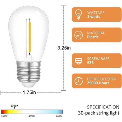 Ampoule S14 - 3 V - Culot E26 - Étanche - Pour Guirlande Solaire Extérieure - 30 Pièces (1/2)