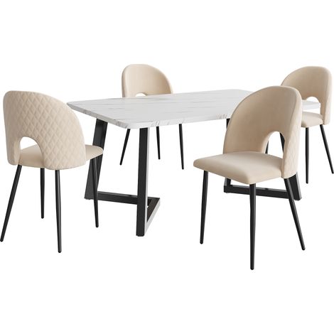 Ensemble table à manger avec 4 chaises en velours beige, table rectangulaire en MDF 117 x 68 cm, pieds métalliques noirs (1/5)