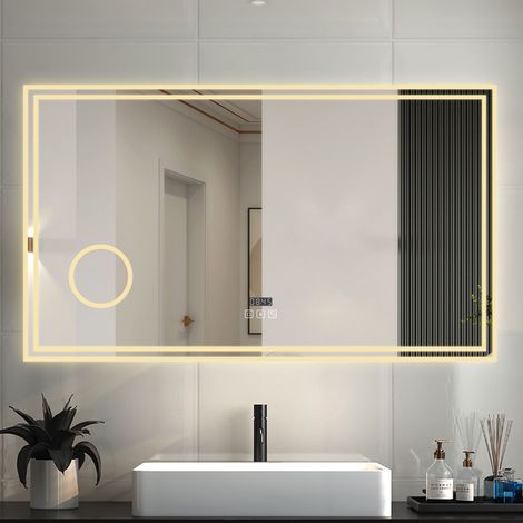 LED Badspiegel mit Uhr Bluetooth Warmweiß/Neutralweiß/Kaltweiß 3000-6000k Dimmbar Beschlagfrei 3-Fach klares vergrößertes Speicherfunktion Badezimmer Spiegel mit Beleuchtung CE IP44 160x80cm (1/5)