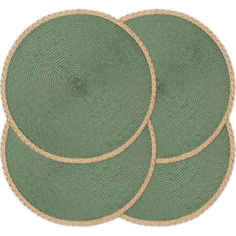 BelleRise - Set mit 4 runden, geflochtenen Platzsets, 38,1 cm, waschbar, hitzebeständig, rutschfest für den Innenbereich (dünner grüner Rand, 4) (1/5)