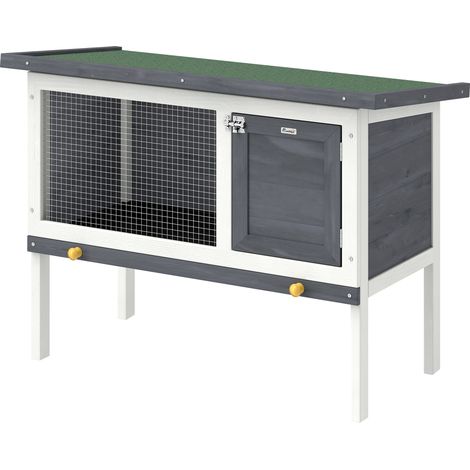 Erhöhter Kaninchenstall aus Holz mit aufklappbarem Bitumendach, ausziehbarer Schublade, 90 x 45 x 65 cm, grau