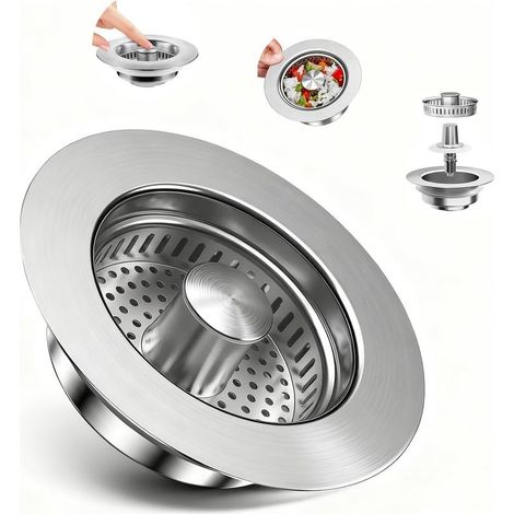 Bouchon D Evier Cuisine Universel, 3 en 1 Bouchon Evier Cuisine, Protection Anti-Colmatage Et Prévention des Odeurs, Bonde Evier Cuisine Pop-Up pour Un Trou D'évier De 70-86mm (1/5)