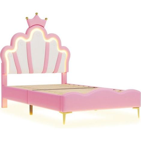 Lit enfant - Lit de princesse couronne - 90x200 cm - Similicuir - LED intégrée - Rose-blanc (1/5)