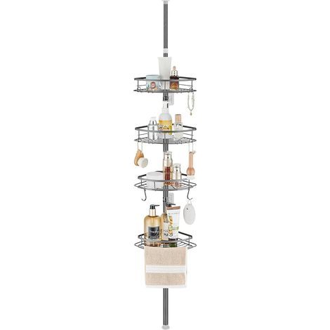 Teleskop-Duschablage – Eckablage – Höhenverstellbar 85–325 cm – 4 Aufbewahrungskörbe mit Haken für Bad und WC – Grau (1/5)