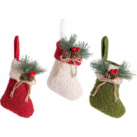 Calze di Natale portadolci in stoffa con pino, pigne, bacche e fiocchetto decorativo e cordino per appendere, set da 12 pezzi, cm 13 x 16 H