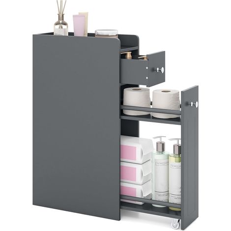 Costway – Meuble bas de salle de bain étroit 4 niveaux – Tiroirs coulissants sur roulettes – Dimensions 40 x 18 x 70 cm – MDF gris pour petits espaces (1/5)