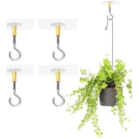 4 Pièces Crochets de Plafond Autocollants Sans Perçage, Transparent pour Plantes Suspendues avec Crochets en Acier Inoxydable, Adhésifs (1/5)